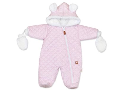 Zimní prošívaná kombinéza s chlupáčkovou podšívkou + rukavičky, Love růžová (Velikost 74 (6-9m))