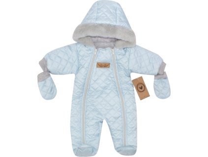 Zimní prošívaná kombinéza s kožešinou a kapucí + rukavičky Z&Z - modrá (Velikost 56 (1-2m))