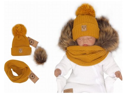 Z&Z Zimní čepice 3v1 + komínek, medová hořčice (Velikost 68-80 (6-12m))