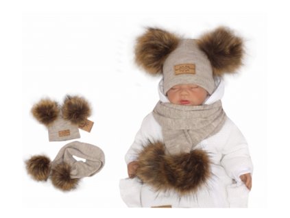 Z&Z Zimní čepice s bambulemi z kožešinky a šálou 2v1, béžová (Velikost 68-80 (6-12m))