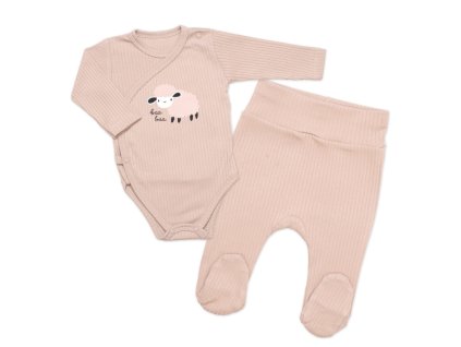 Zavinovací, žebrované kojenecké body + polodupačky Ovečka 2D, béžová (Velikost 62 (2-3m))