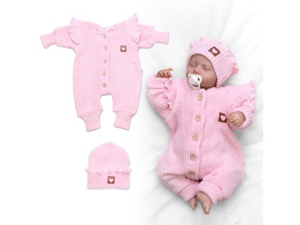 Rostoucí pletený oversize overálek + čepička Love s volánkem, růžový (Velikost 56/62 (0-3m))