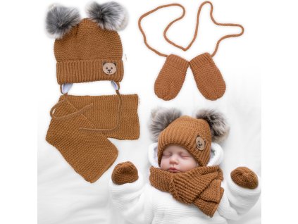 detska sada zimna ciapka so salom rukavicky 3d teddy bear hneda