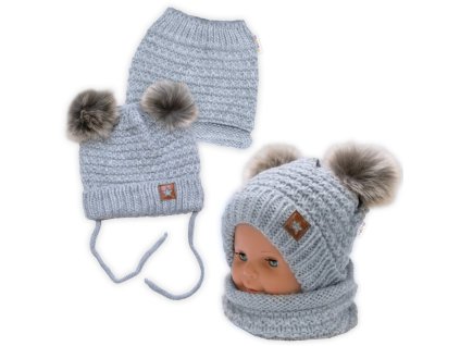 zimna pletena ciapka star s fleecom a chlpackove brmbolce komincek 2d sada sivy melirok