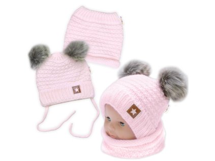 zimna pletena ciapka star s fleecom a chlpackove brmbolce komincek 2d sada ruzova