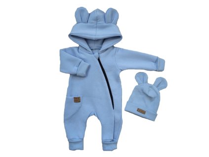 Oteplený dětský overal bez šlapek s kapucí + čepička, 2D, modrý (Velikost 68 (3-6m))