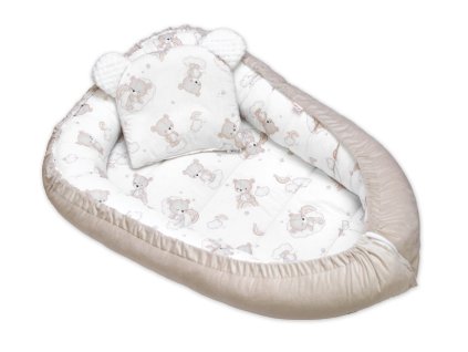 obojstranne hniezdocko s vankusikom bavlna velvet 50 x 80 cm maly medvedik biela bezova