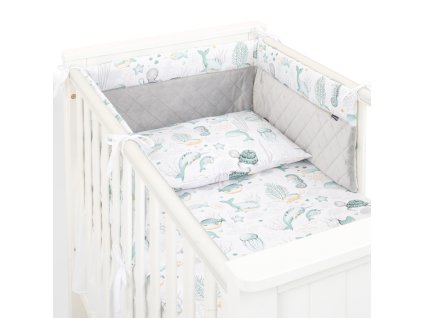 Mantinel s povlečením do postýlky, 3D sada Minky, Oceán, zelená/šedá/bílá (Velikost povlečení 135x100)