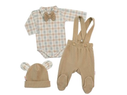 Bavlněná souprava Gentleman 3D, body, polodupačky s láclem, čepička, béžová/kostička (Velikost 56 (1-2m))