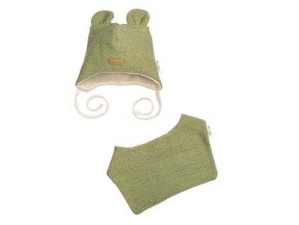 Pletená čepice s bavlněnou podšívkou a šátkem 2v1, Teddy Hand made - oliva (Velikost 56/62 (0-3m))