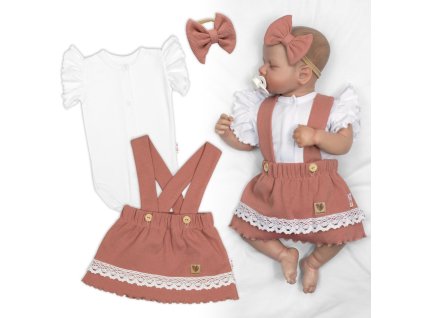 3D sada LADY, bavlna, body kr. rukáv, suknička s láclem, čelenka, starorůžová/bílá (Velikost 56 (1-2m))
