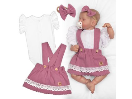 3D sada LADY, bavlna, body kr. rukáv, suknička s láclem, čelenka, šeříková/bílá (Velikost 62 (2-3m))