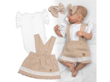 3D sada LADY, bavlna, body kr. rukáv, suknička s láclem, čelenka, béžová/bílá (Velikost 56 (1-2m))