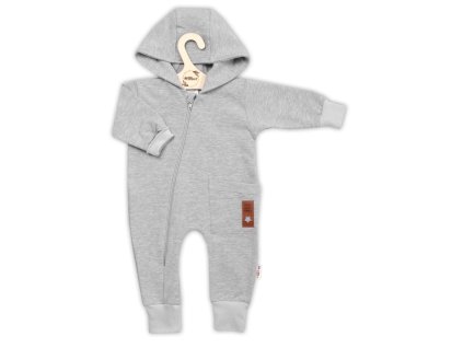 Teplákový overal s kapsičkou a kapucí BOY, Baby Nellys, šedý (Velikost 74 (6-9m))
