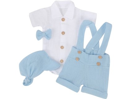 Mušelínové kraťasy s láclem, bodýčko, čepička, motýlek 4D sada, Z&Z, modrá/bílá (Velikost 56 (1-2m))