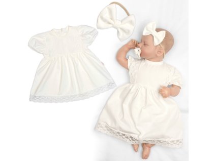 Luxusní šatičky s krajkou LOVE, krátkým rukávek + čelenka , 2D sada, smetanové (Velikost 56/62 (0-3m))