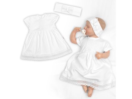 Luxusní šatičky s krajkou SOFIA, krátkým rukávek + čelenka ,2D sada, bíle (Velikost 56/62 (0-3m))