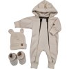 Oteplený dětský overal bez šlapek s kapucí, čepička + botičky, 3D, Kazum, béžový (Velikost 56 (1-2m))