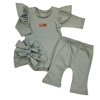 Body s volánky, legíny do zvonu a čepička, 3D, bavlna, olivová (Velikost 68 (3-6m))