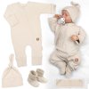Rostoucí žebrovaný overálek, čepička a botičky, 3D, Nature - sv. béžová (Velikost 50/56 (0-2m))