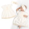 Luxusní šatičky s krajkou Sofia, krátkým rukávek  + čelenka ,2D sada, smetanové (Velikost 56/62 (0-3m))
