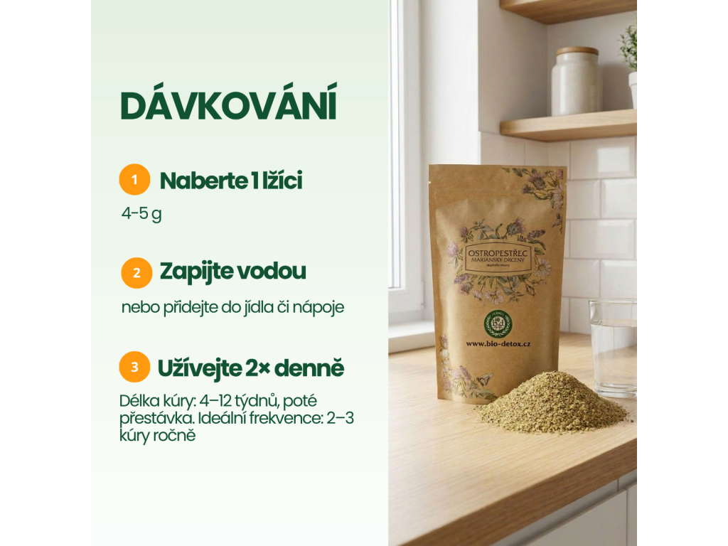 Balení ostropestřce mariánského drceného 500 g v kuchyni, lžíce drcených semínek