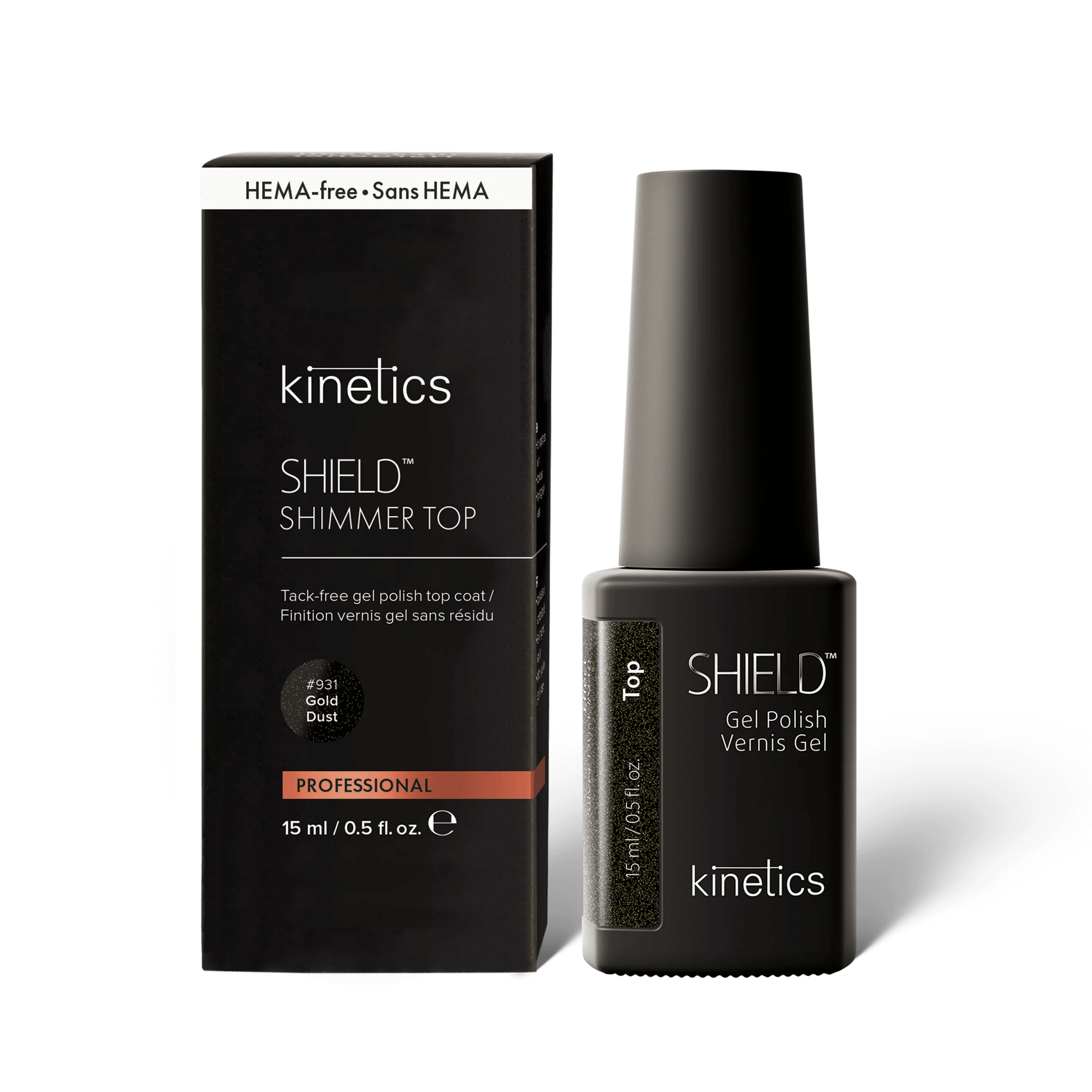 Levně Kinetics SHIELD Shimmer TOP COAT #931 Gold Dust gel lak bezvýpotkový NO HEMA 15 ml