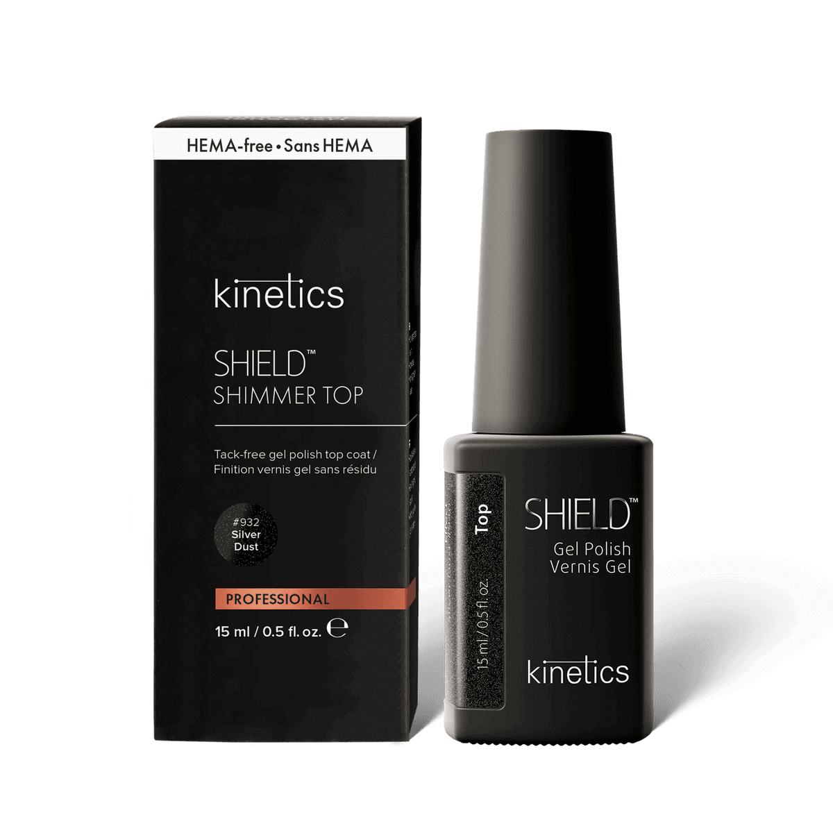 Levně Kinetics SHIELD Shimmer TOP COAT #932 Silver Dust gel lak bezvýpotkový NO HEMA 15 ml