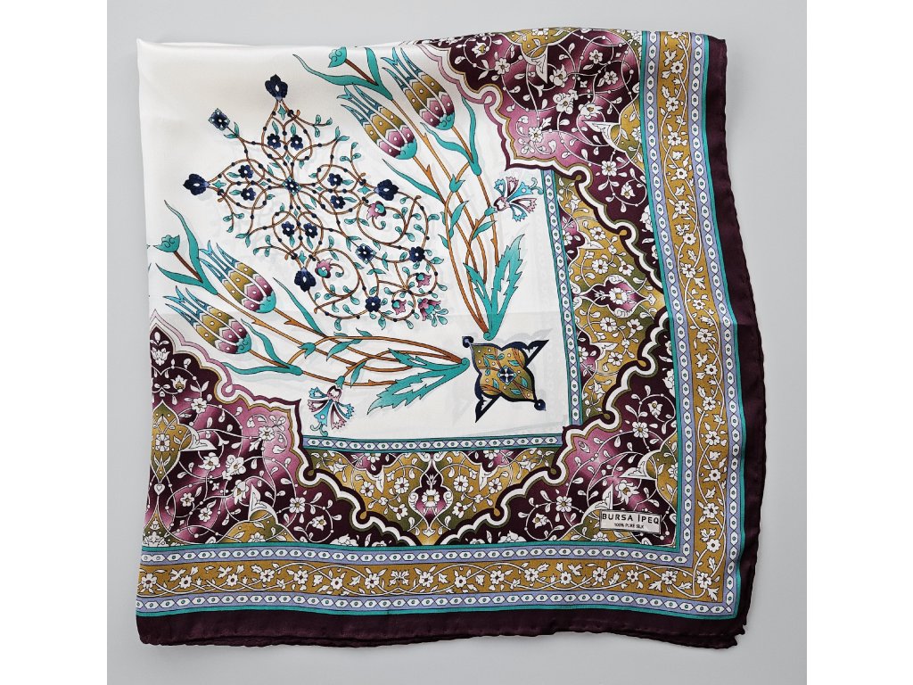 Hedvábný šátek s motivem květin bílo-fialový 85x85 cm