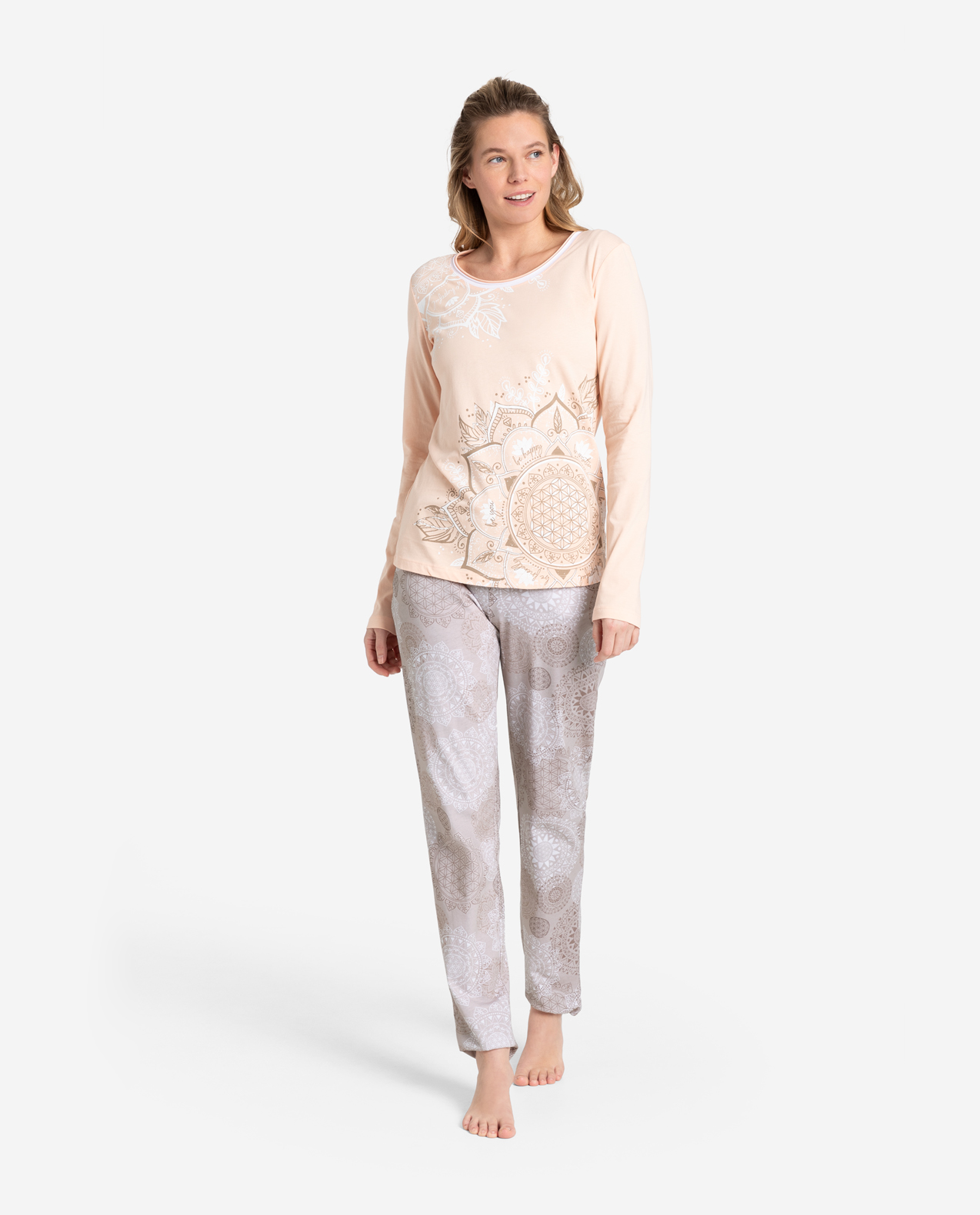 The Spirit of OM dámské pyžamo komplet - kalhoty s tričkem z bio bavlny - meruňkové - S