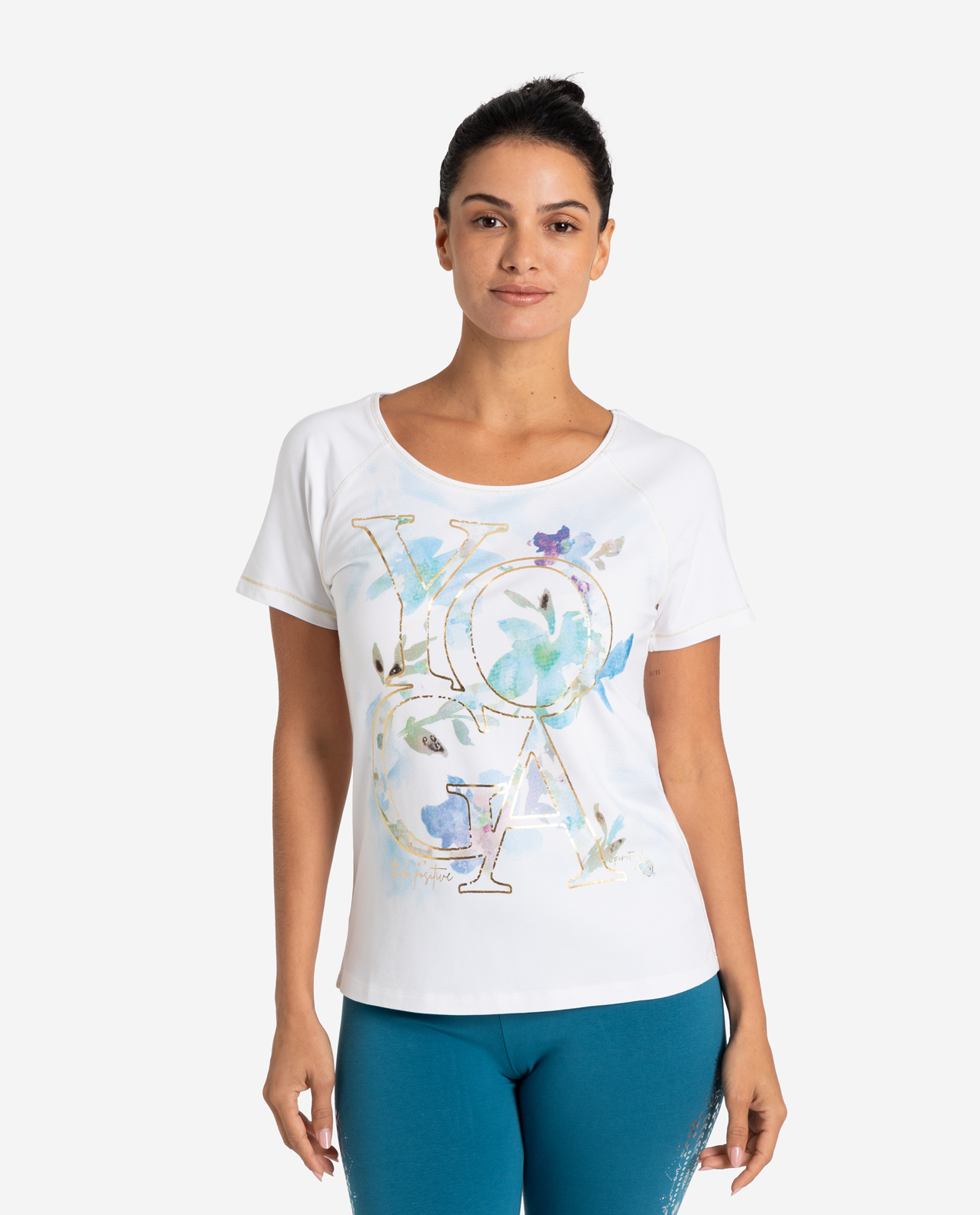 The Spirit of OM tričko z bio bavlny s raglánovým rukávem - bílé s květy Velikost: XL