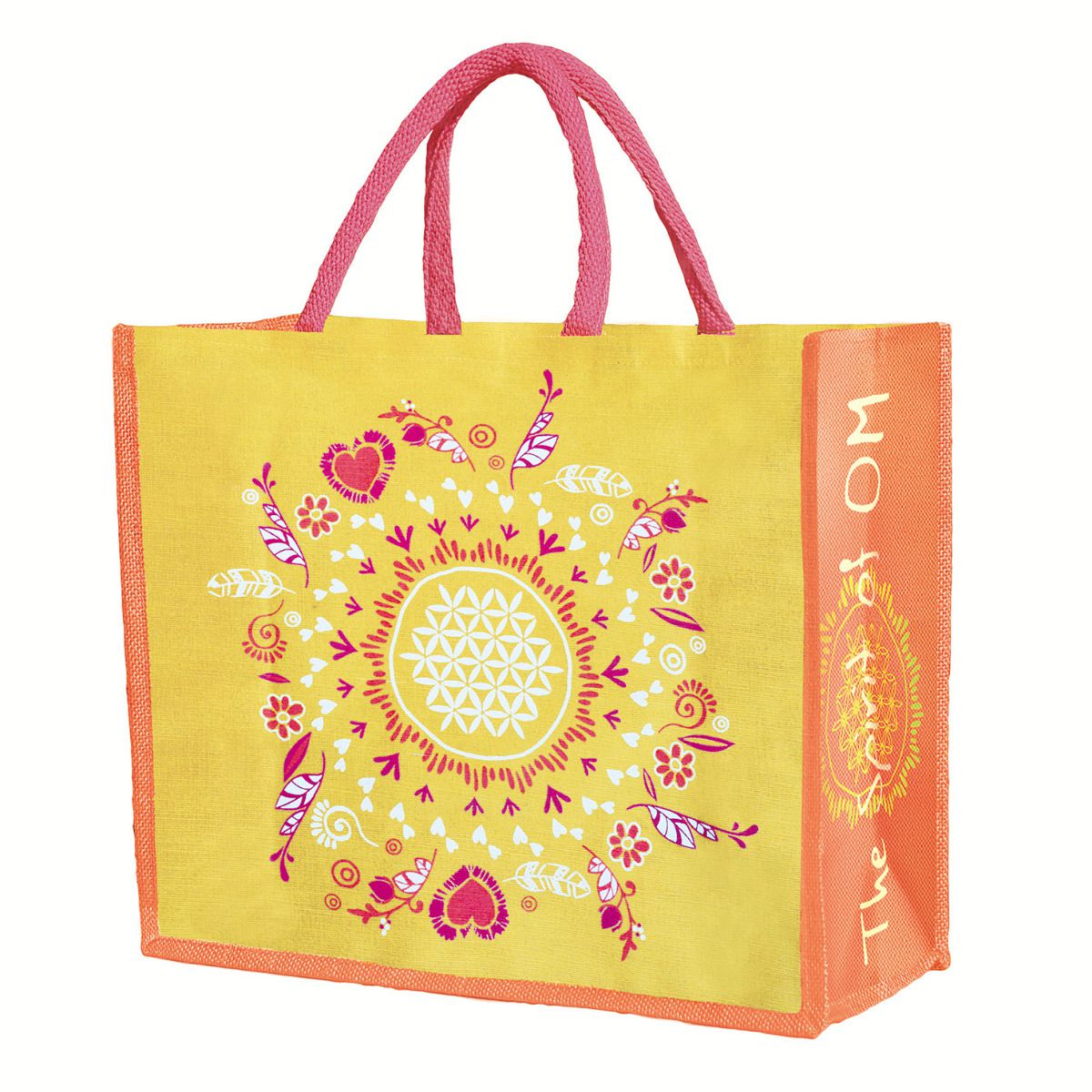 The Spirit of OM nákupní jutová taška s květem života - žluto-oranžová
