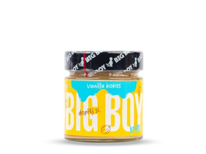 11128 big boy vanilla kokos jemny kesu krem s kokosem a bio bilou cokoladou s kousky vanilky 250g