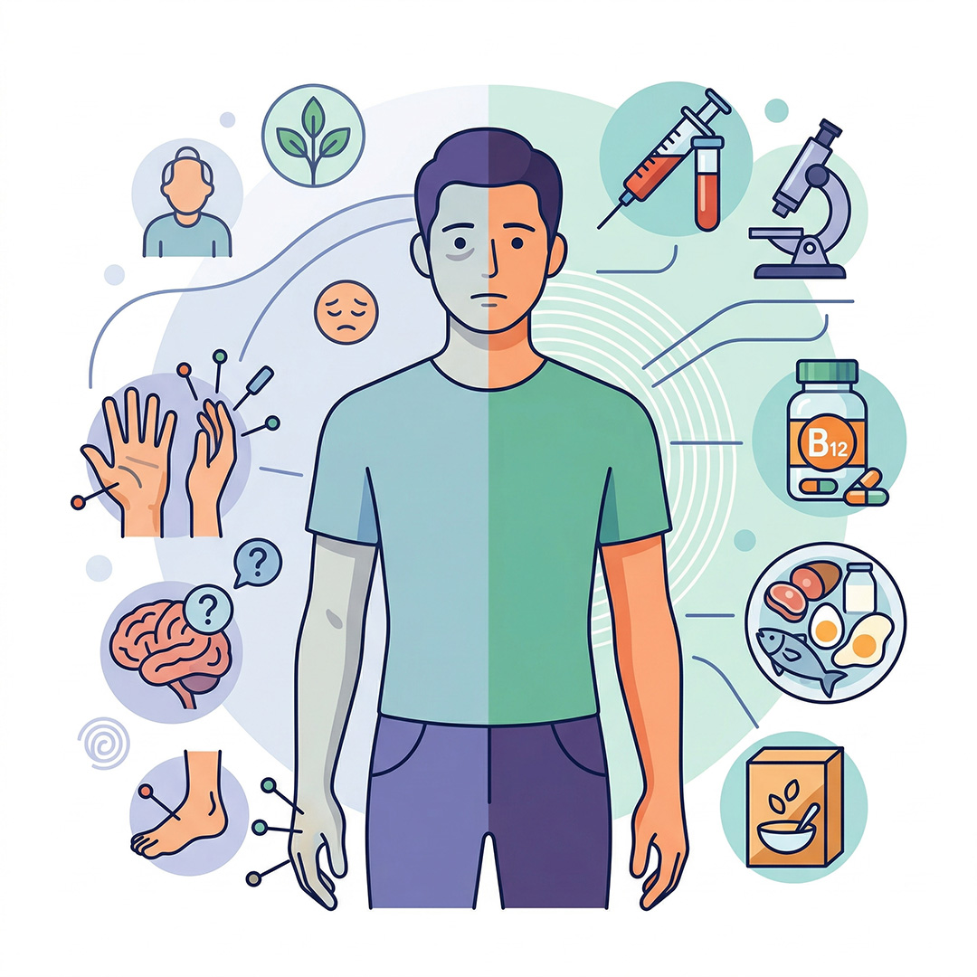 Nedostatek vitamínu B12: rizika, příznaky, testy a řešení