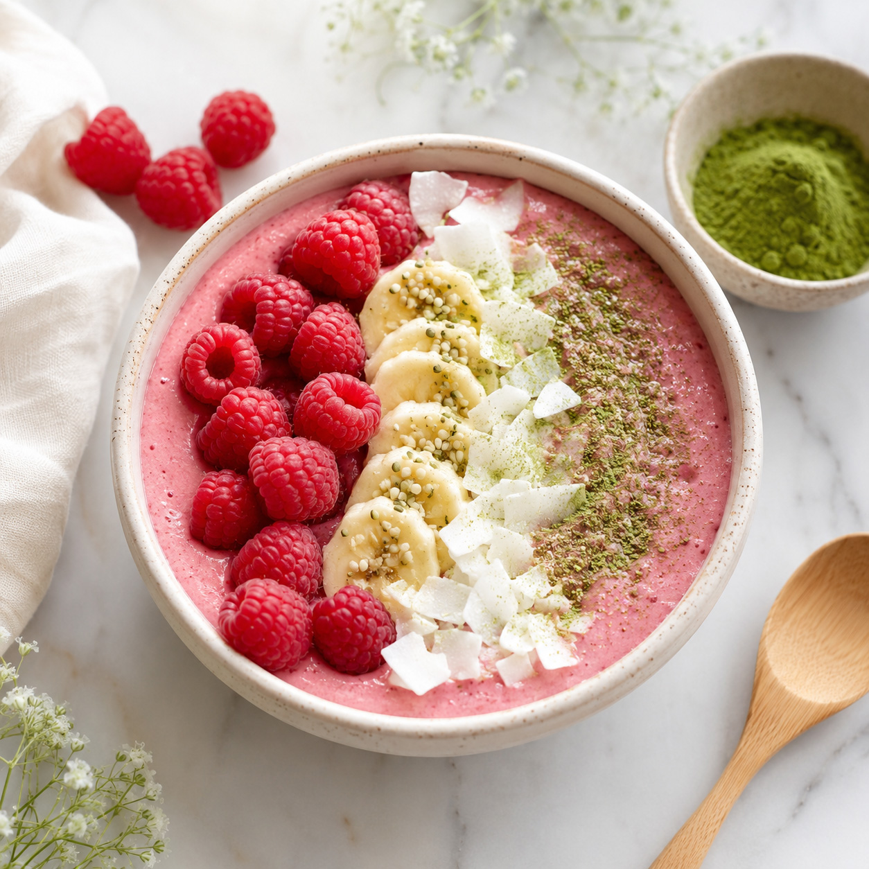 Smoothie bowl s kolagenem, malinami a matchou