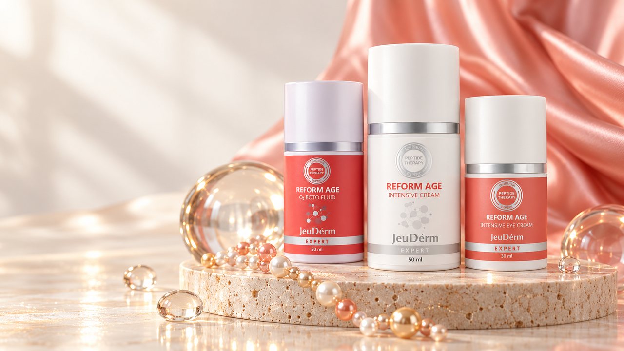 Peptidová péče JeuDerm REFORM AGE: O2 BOTO FLUID, Intensive Cream a Intensive Eye Cream na travertinu