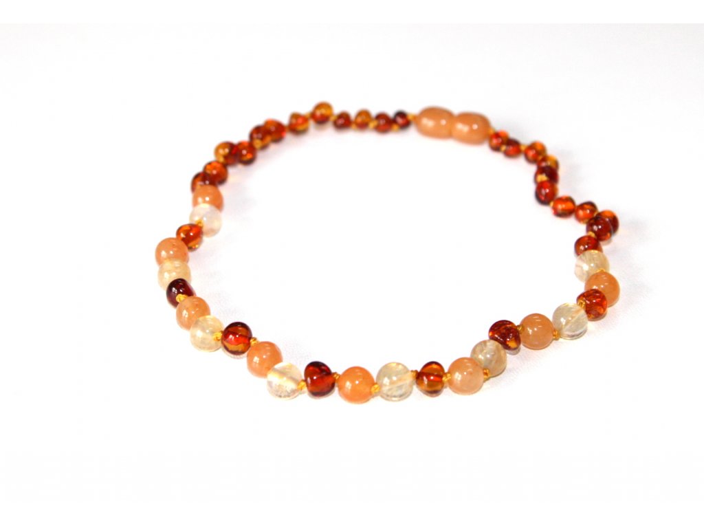 Jantarové korálky pro děti - jantar, křišťál a broskový avanturin