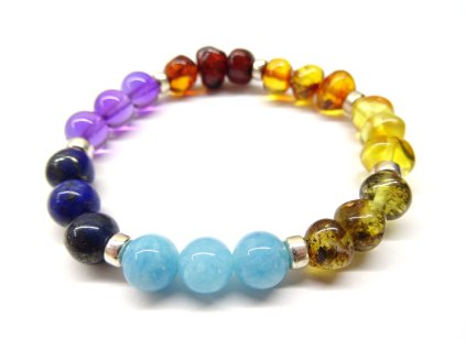 Čakrový náramek z drahých kamenů se stříbrnými kamínky - 18 cm