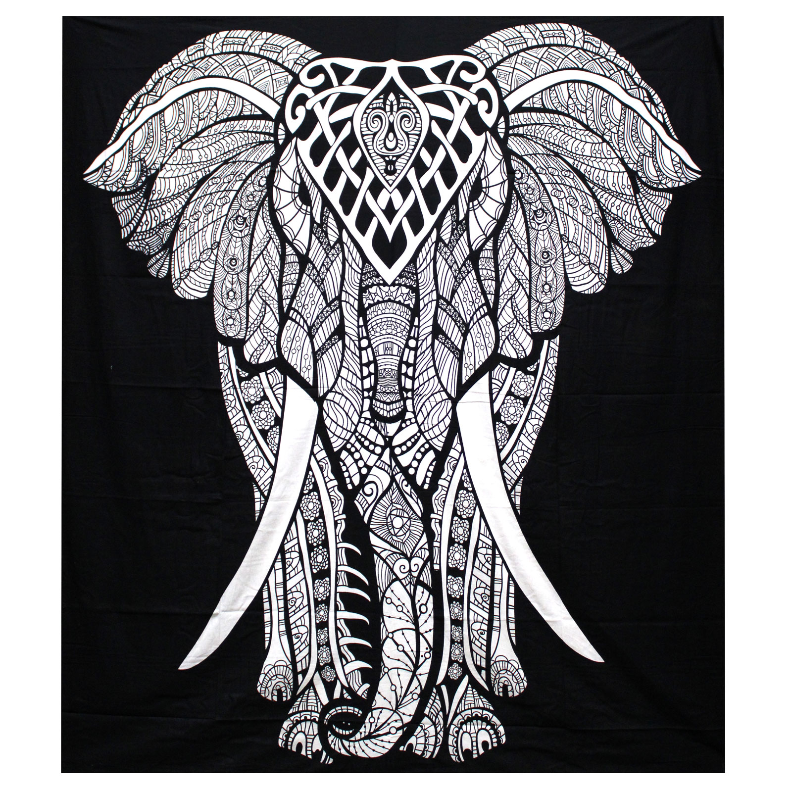 Ancient Wisdom Černobílý přehoz s motivem slona (dvojlůžko) - Ručně vyrobený v Indii