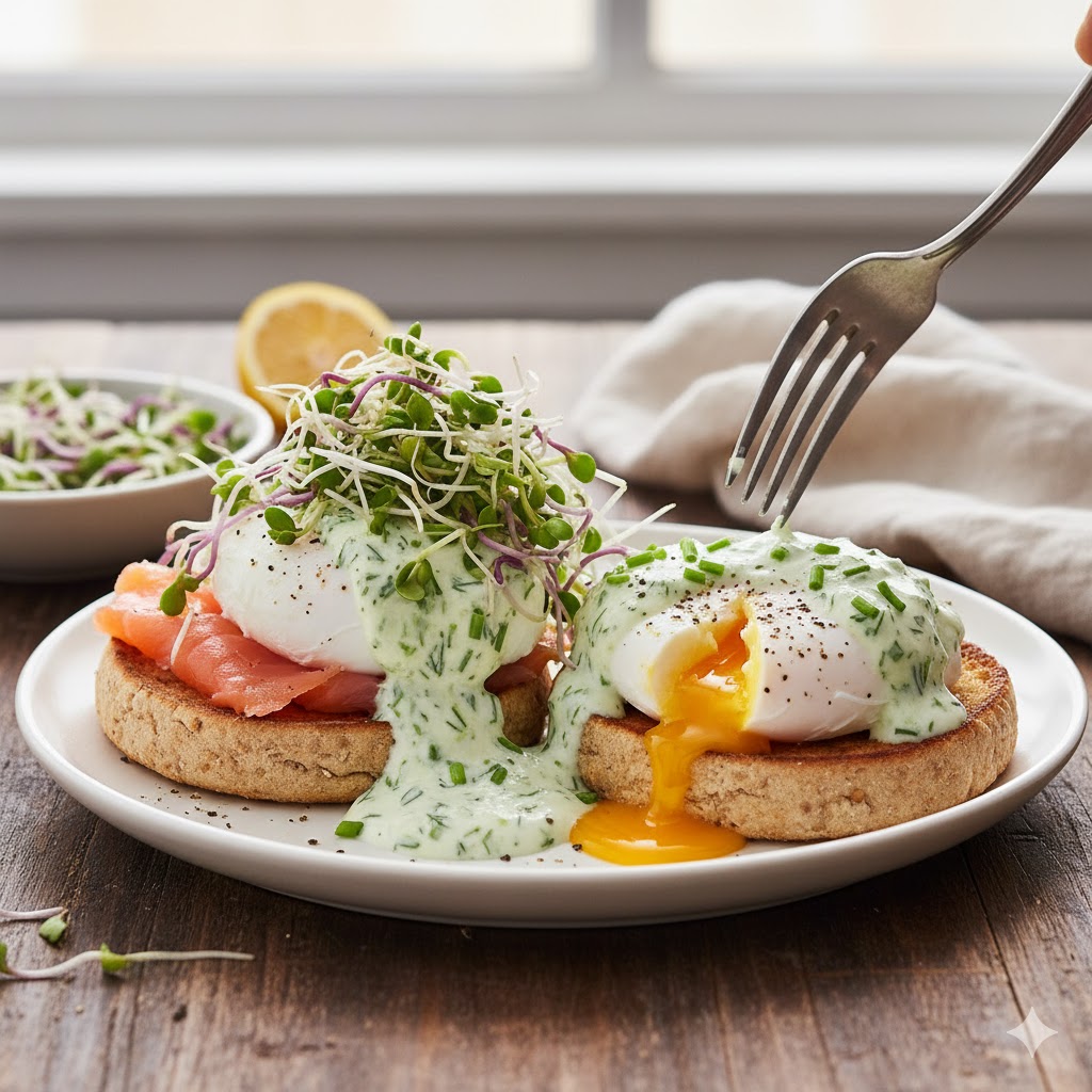 Snídaňová vajíčka Benedikt s klíčky ředkvičky a bylinkovým jogurtem
