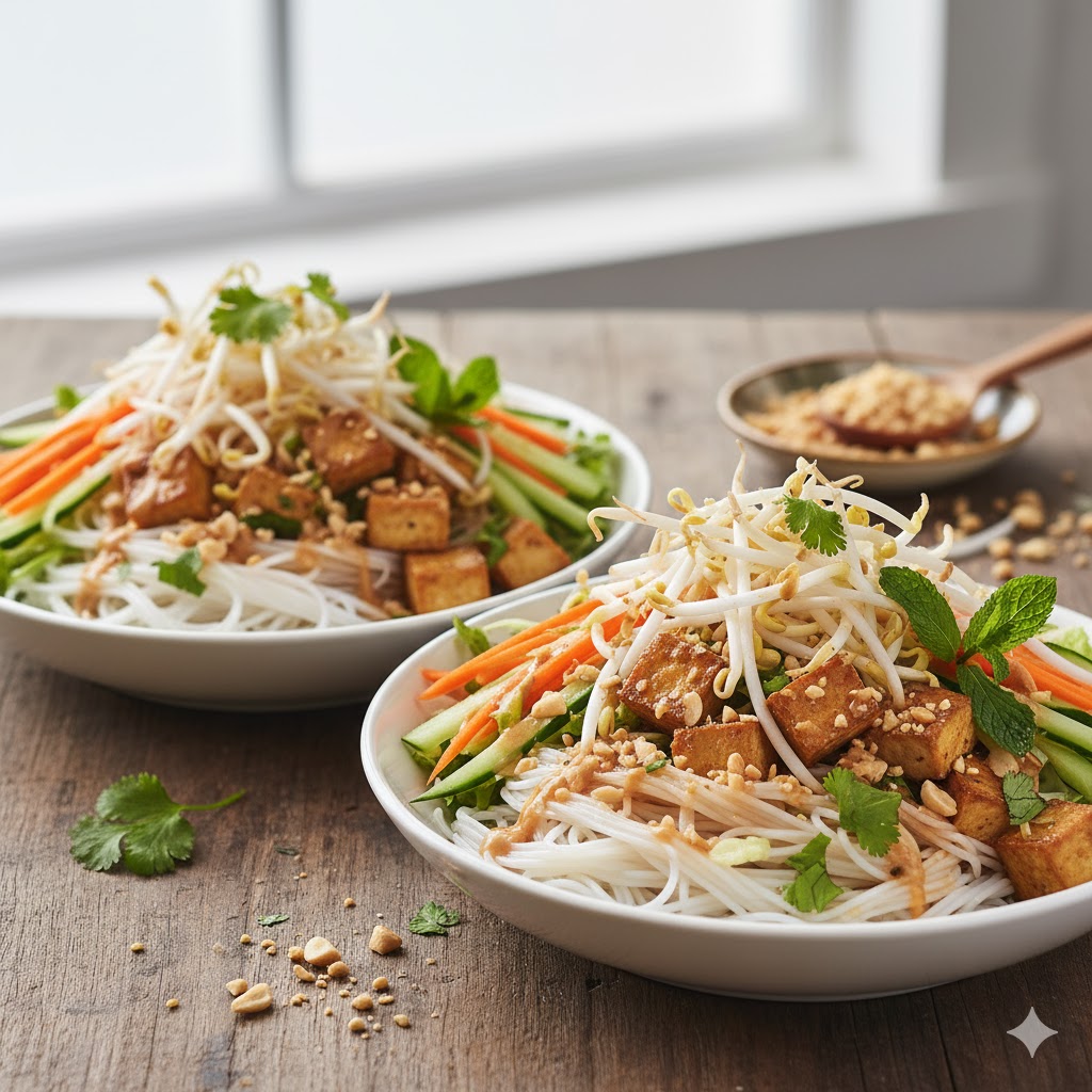 Vietnamská nudlová miska (Bun Chay) s mungo klíčky a arašídy