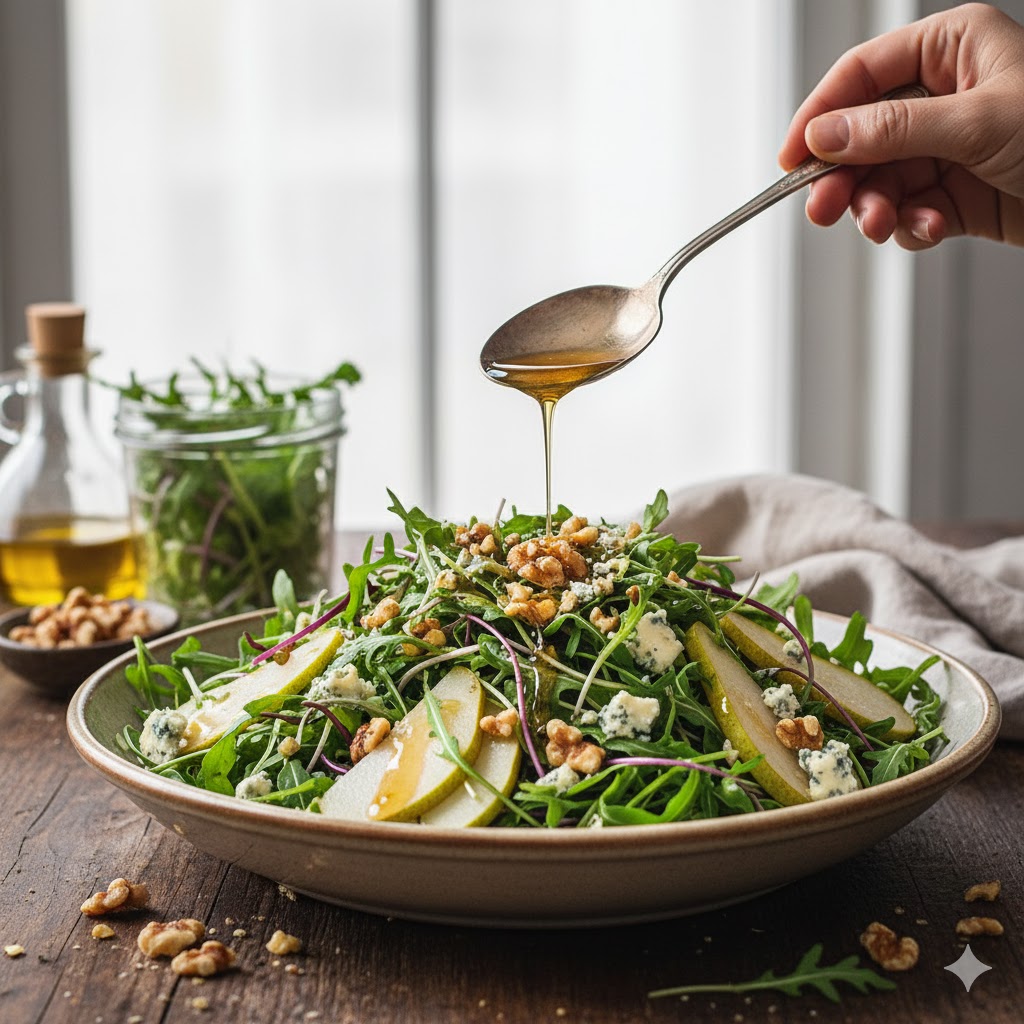 Rukolový klíčkový salát s hruškou, vlašskými ořechy a medovým dresinkem