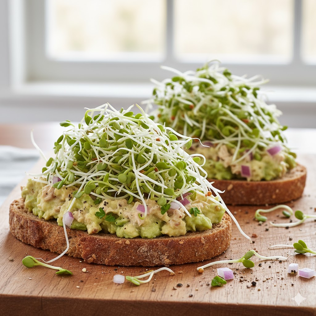 Otevřený sendvič s tuňákem, avokádem a čočkovými klíčky