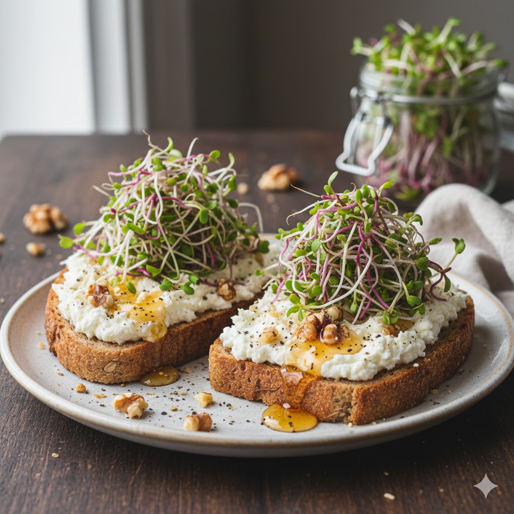 Toust s kozím sýrem, medem a ředkvičkovými klíčky