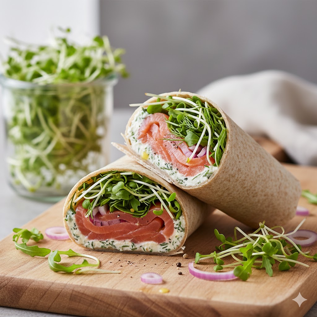 Wrap s uzeným lososem, smetanovým sýrem a rukolovými klíčky