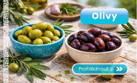 Olivy Kalamata, zelené olivy a plněné olivy