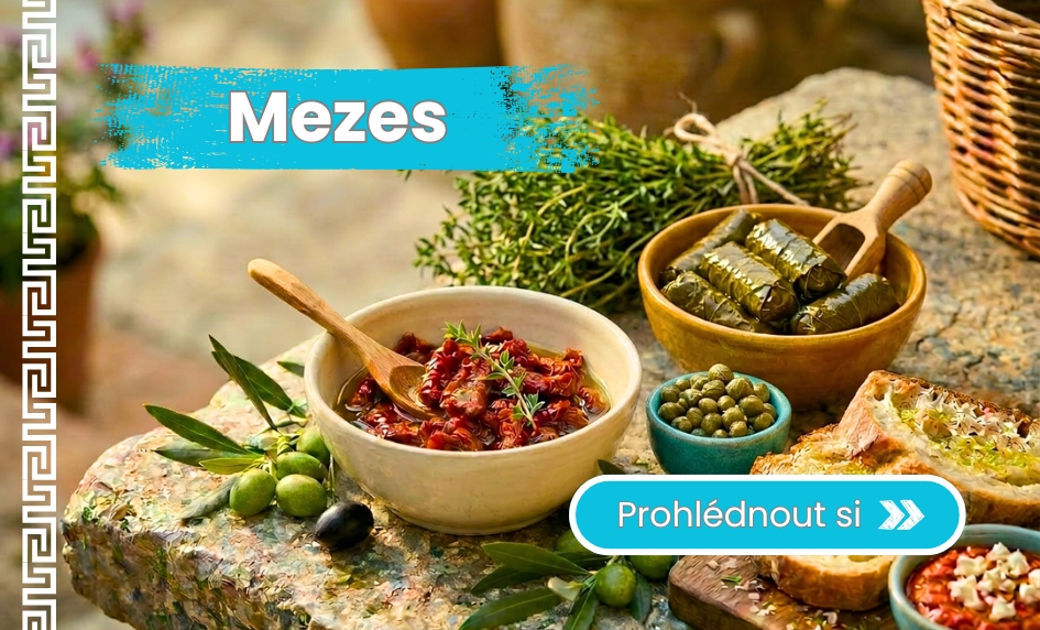 Řecké mezes - Ajvar, kapary, dip z pečené papriky a sýru feta