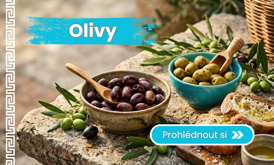 Olivy Kalamata, zelené olivy a plněné olivy