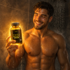 Generated with Kive.ai happy muscular male holding glowing in shower