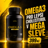 Generated with Kive.ai glowing next to massive writings in czech language Omega3 pro lepší cholesterol v MEGA slevě smaller label 399 Kč yellow and black background